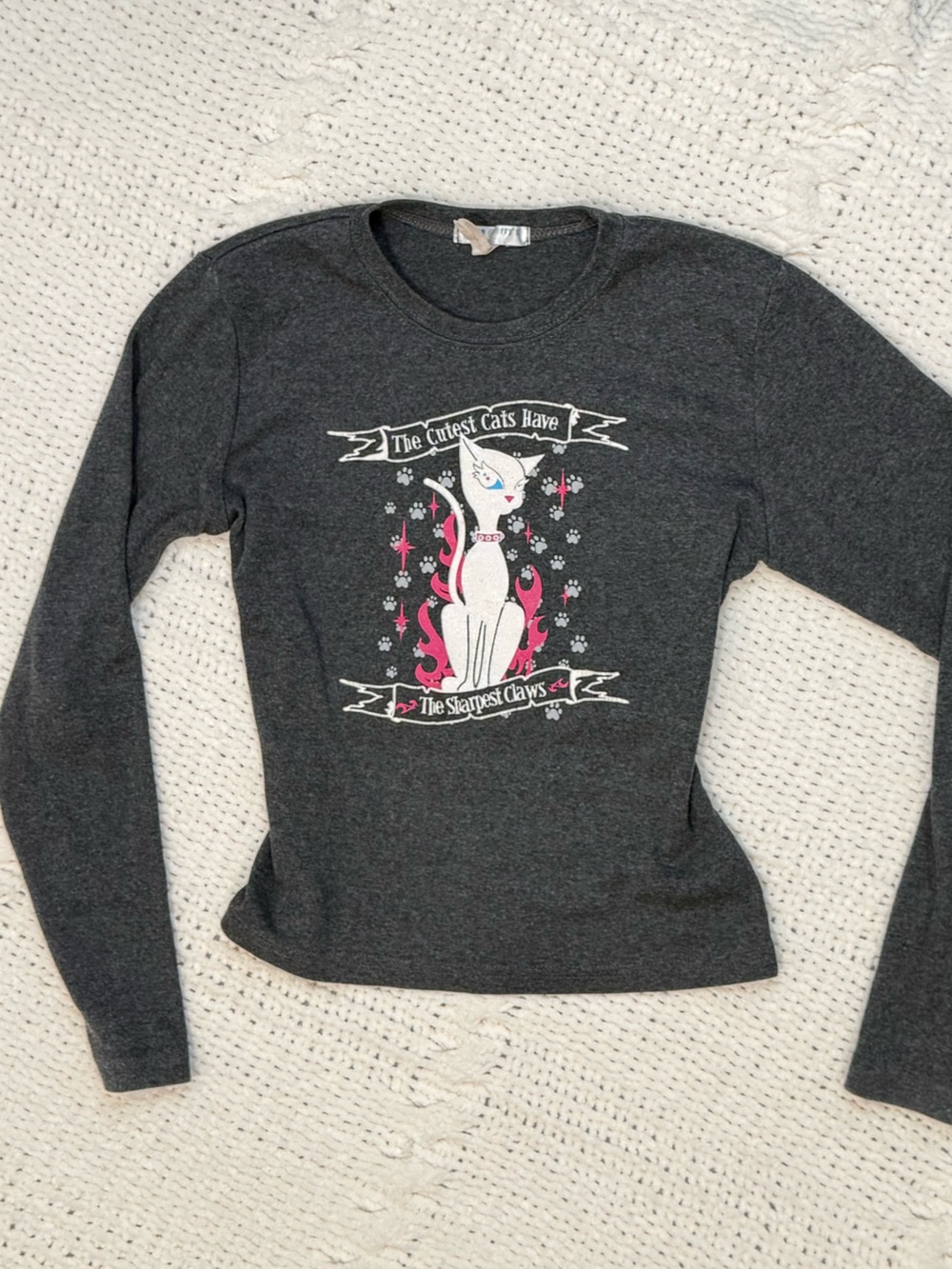 Steve & Barry's Charcoal Cat Graphic Tee with Pink & White Accents